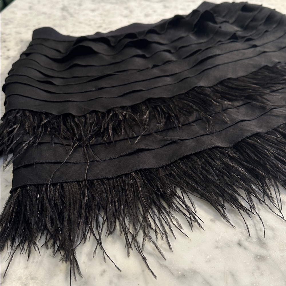 BCBGMaxAzria Black Feather-Trim Tiered Mini Skirt